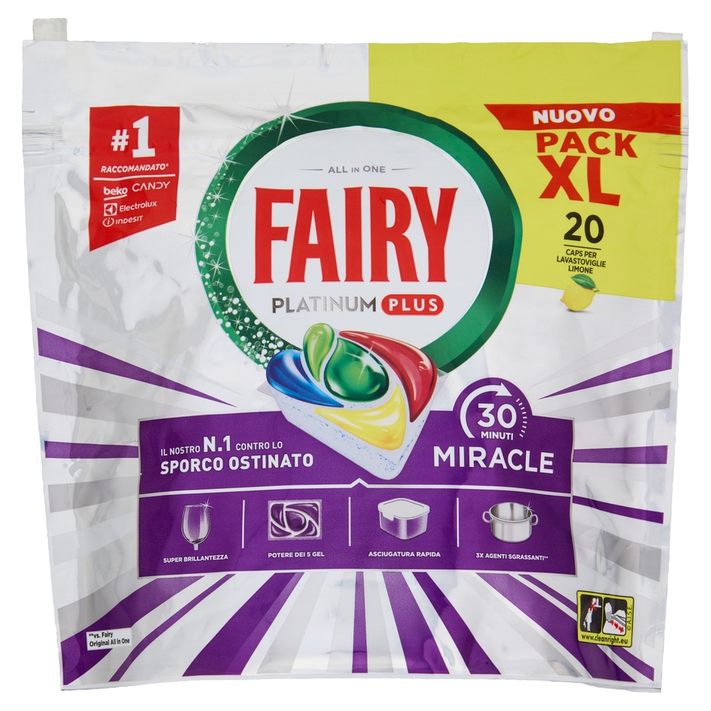 Fairy Pastiglie Lavastoviglie Platinum Plus All in One Miracle, Detersivo Piatti Limone 20 Caps 329g